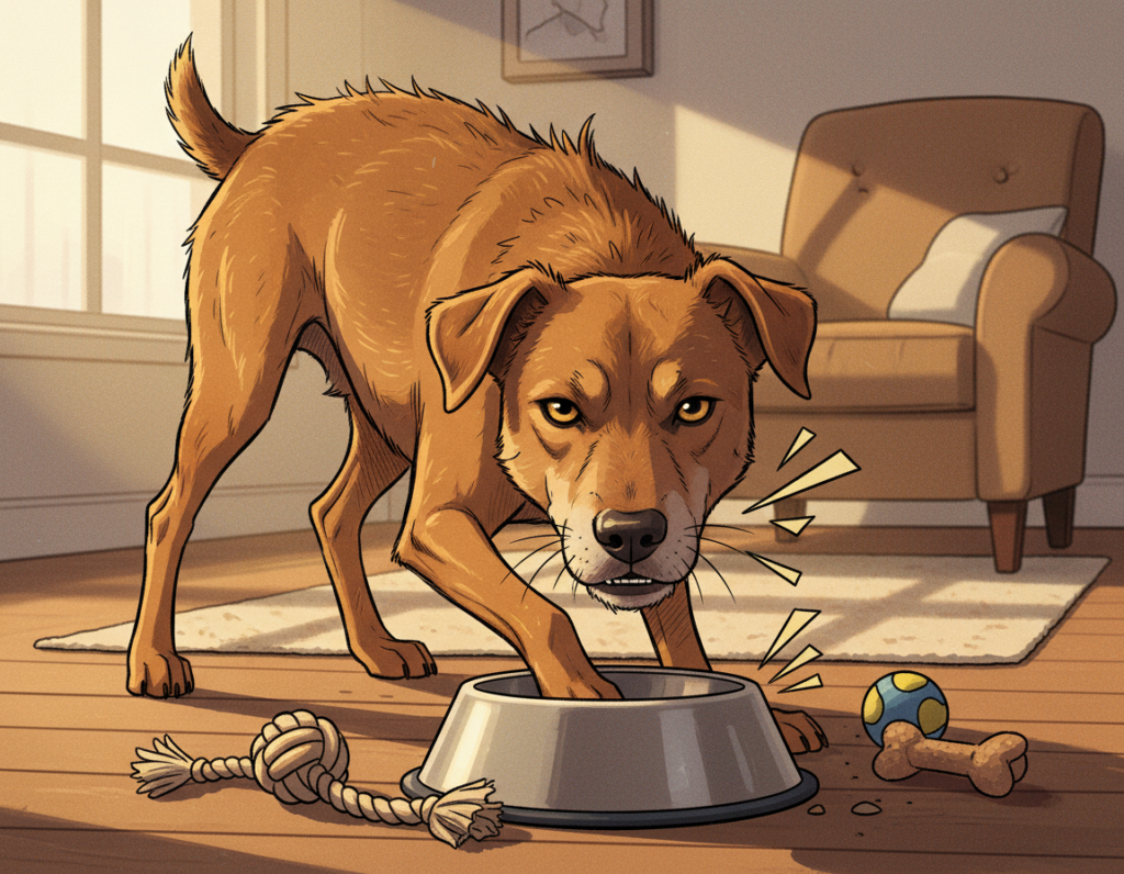 A close-up illustration of a medium-sized dog sitting protectively over a bowl of food, showcasing clear resource guarding signals. In the foreground, the dog's body language is tense, with raised hackles and a focused gaze, while it subtly displays a low growl, echoed in the sharp lines of its mouth. In the middle, the bowl is slightly placed on the floor, surrounded by toys, indicating what's being guarded. The background features a softly blurred living room environment, dimly lit to emphasize a warm atmosphere, with a gentle sunlight streaming through a window, casting soft shadows. The overall mood is serious but insightful, capturing the essence of canine communication regarding boundaries and resources.