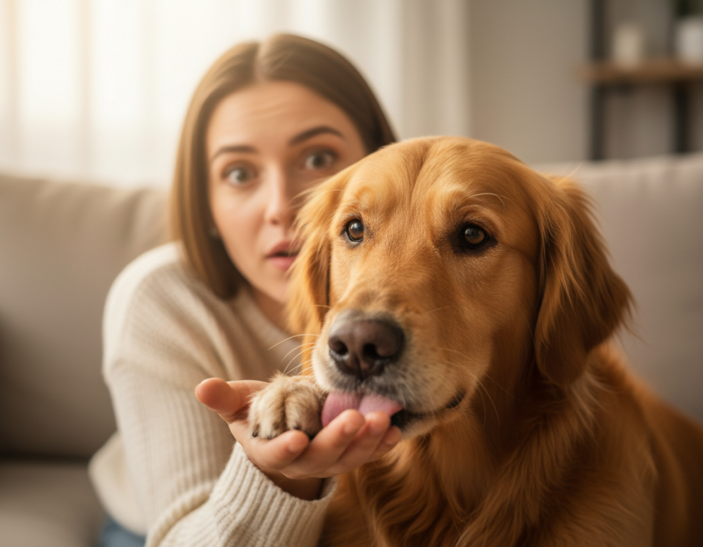 A close-up of a concerned golden retriever gently licking the hand of its owner, who appears startled yet curious. The dog's eyes express a mix of affection and caution, conveying the idea of a “please stop” warning. In the background, a soft-focus living room ambiance with warm, natural lighting highlights the connection between the pet and owner. The owner is dressed in modest casual clothing, reflecting a cozy home environment. The image captures a moment of hesitation, with the owner gently pulling back their hand, creating a sense of urgency and care. The composition emphasizes the bond between human and dog, with a slightly elevated angle to enhance the emotional tension and intimacy of the scene.