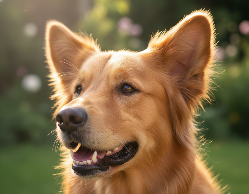 A close-up of a dog's face, focusing specifically on the ears, mouth, and lips to highlight subtle expressions. The dog's ears are perked up, indicating curiosity, with fine fur details illuminated by soft, warm lighting. The mouth is slightly open, showcasing the dog's teeth in a gentle, relaxed smile, with moist lips creating a glistening effect. In the background, a blurred garden scene suggests a playful atmosphere, enhancing the overall mood of attentiveness and warmth. The angle of the shot captures the dog's face from a slight side perspective, emphasizing its expressive features. The lighting is soft and natural, creating a calm and inviting atmosphere that engages the viewer.