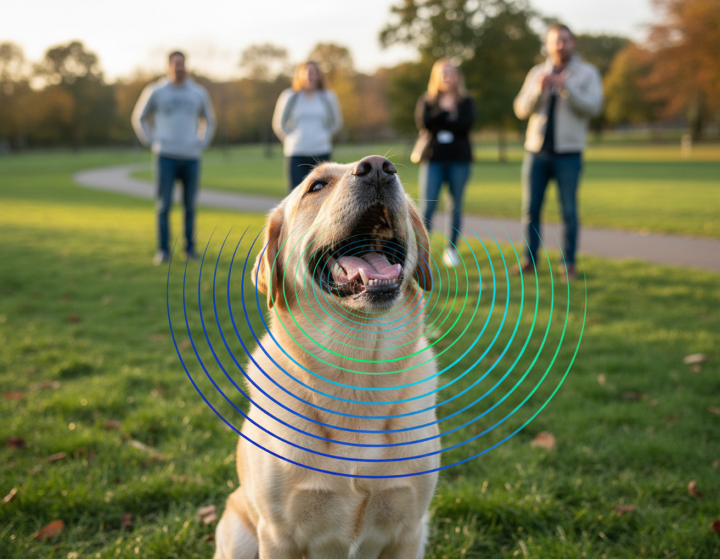 A close-up of a medium-sized dog, such as a Labrador Retriever, sitting in a park, with its mouth open mid-bark, showcasing its expressive face. Surrounding the dog, faint visual sound waves in varying shades of blue and green emanate from its mouth, suggesting different barking tones. In the background, a blurred scene of a sunny park filled with trees and a pathway, with a few people walking, dressed in casual attire, listening attentively to the dog. The lighting is soft and warm, typical of a late afternoon sun, creating an inviting atmosphere. The angle is slightly low, emphasizing the dog's connection with the viewers and its enthusiastic expression, evoking a sense of curiosity about canine communication.