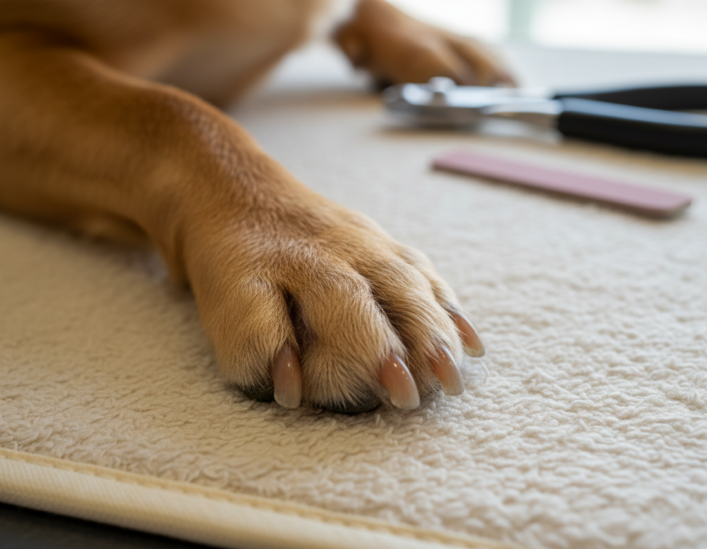 A close-up view of a dog’s paw with well-groomed nails, showcasing the glossy finish after a recent trim. The paw is positioned on a soft, neutral-toned grooming mat, emphasizing the importance of at-home care. In the background, out-of-focus grooming tools such as nail clippers and a file hint at the grooming process, creating a relatable scene. Soft, natural lighting highlights the details of the dog's fur and the texture of the nails, evoking a warm, inviting atmosphere. The camera angle is slightly above the paw, capturing a sense of intimacy and care in dog grooming. The overall mood is calm and nurturing, reflecting the importance of maintaining healthy feet for dogs. A close-up view of a dog’s paw with well-groomed nails, showcasing the glossy finish after a recent trim. The paw is positioned on a soft, neutral-toned grooming mat, emphasizing the importance of at-home care. In the background, out-of-focus grooming tools such as nail clippers and a file hint at the grooming process, creating a relatable scene. Soft, natural lighting highlights the details of the dog's fur and the texture of the nails, evoking a warm, inviting atmosphere. The camera angle is slightly above the paw, capturing a sense of intimacy and care in dog grooming. The overall mood is calm and nurturing, reflecting the importance of maintaining healthy feet for dogs.