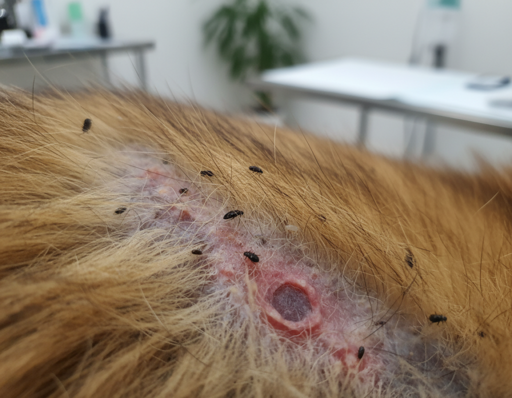 A close-up view of a dog's skin and coat, clearly showcasing fleas and other parasites as they scurry across the fur. The dog's fur is a mix of golden and brown hues, with areas of irritation, slight hair loss, and red patches on the skin. The lighting is soft and natural, allowing the viewer to see the details of the dog's skin condition without harsh shadows. The image is captured at a 45-degree angle, creating depth and focus on the infested areas. The background is blurred, suggesting a comfortable veterinary clinic environment. The mood is informative and serious, underscoring the importance of recognizing these early signs of illness in dogs.