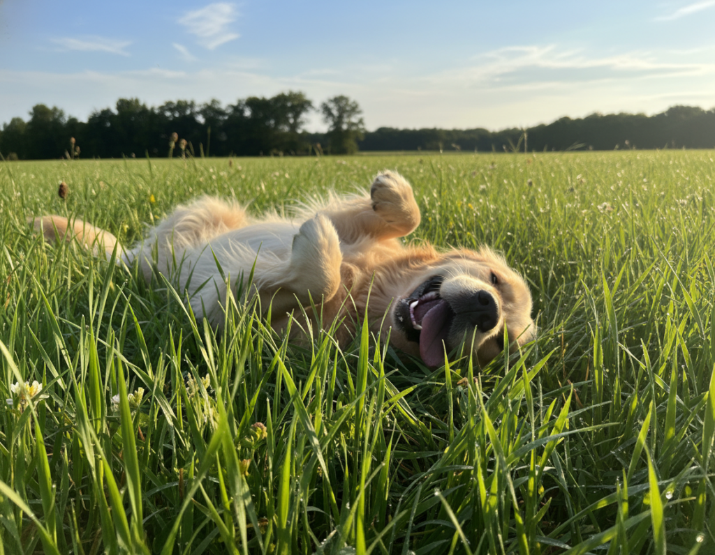 A close-up view of tall, lush itch grass swaying gently in a sunlit meadow, highlighting its distinctive slender green blades. In the foreground, a playful dog, fur slightly ruffled, rolls on its back with an expression of pure joy, its paws playfully batting at the air, illustrating a moment of itch relief. The middle ground reveals more grass and small wildflowers, while in the background, a soft-focus of trees and a bright blue sky creates a serene atmosphere. The scene is bathed in warm, golden sunlight, casting gentle shadows that enhance the textures of the grass. This image captures the spontaneous joy of a dog's natural behavior, inviting warmth and playfulness in the overall mood.