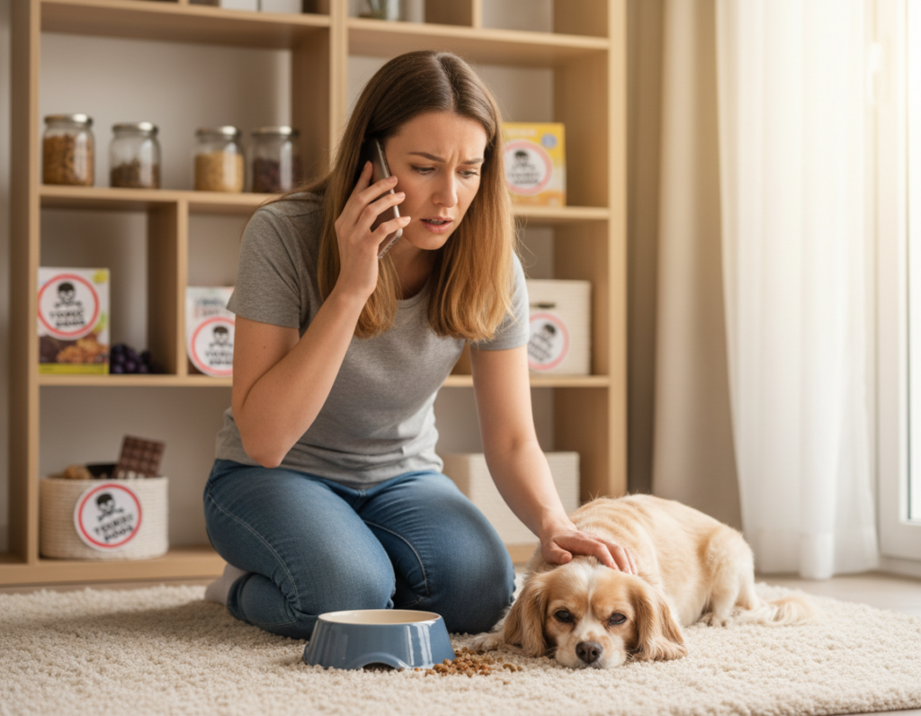 A concerned pet owner kneeling beside a small dog in a brightly lit living room, showing urgency and compassion. The owner, dressed in casual clothing, holds a phone to their ear, indicating they are calling for help. The dog lies on a soft rug, looking slightly lethargic, with an overturned bowl in the foreground, suggesting it may have ingested something harmful. In the background, shelves are lined with various food items labeled with a toxic symbol, subtly warning about dangerous foods for dogs. The atmosphere is tense, yet hopeful, with warm, soft lighting highlighting the emotional connection between the owner and the dog. The focus is on the immediate response to a pet emergency, capturing the critical moment of seeking help. A concerned pet owner kneeling beside a small dog in a brightly lit living room, showing urgency and compassion. The owner, dressed in casual clothing, holds a phone to their ear, indicating they are calling for help. The dog lies on a soft rug, looking slightly lethargic, with an overturned bowl in the foreground, suggesting it may have ingested something harmful. In the background, shelves are lined with various food items labeled with a toxic symbol, subtly warning about dangerous foods for dogs. The atmosphere is tense, yet hopeful, with warm, soft lighting highlighting the emotional connection between the owner and the dog. The focus is on the immediate response to a pet emergency, capturing the critical moment of seeking help.