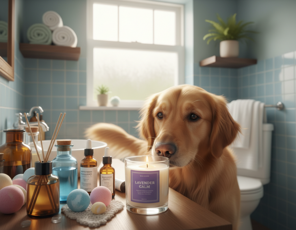 A cozy and vibrant bathroom scene depicting a curious dog, a medium-sized golden retriever, sniffing around a neatly arranged collection of scented candles, essential oils, and bath products on a counter. The foreground features the dog intrigued by a lavender-scented candle, its ears perked up and tail wagging. In the middle ground, soft natural light filters in through a frosted window, casting gentle shadows and highlighting the textures of the colorful bath accessories. The background reveals a soothing pastel-colored bathroom with fluffy towels hanging and a small potted plant on a shelf. The atmosphere is inviting and warm, evoking a sense of tranquility and charm in this intimate home environment. The angle is slightly tilted to capture the dog's perspective, creating an engaging and dynamic composition.