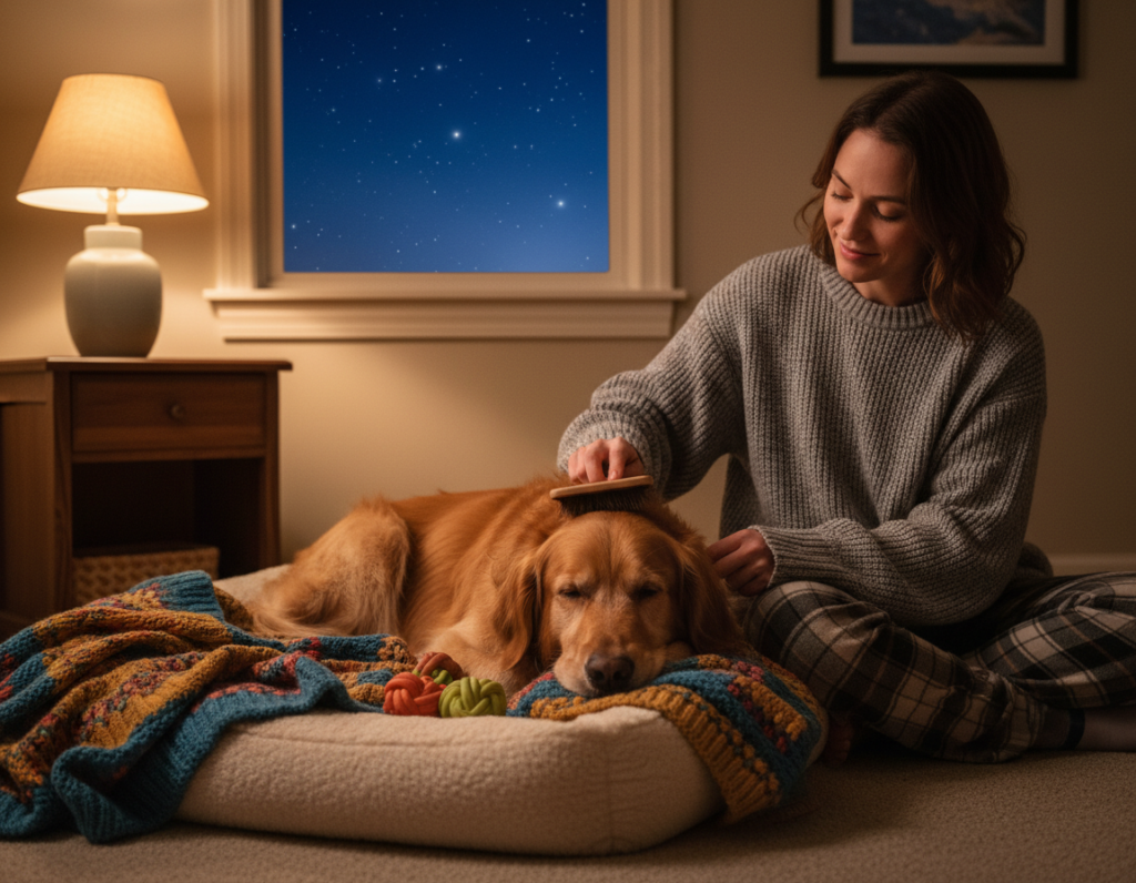A cozy bedroom scene showcasing a bedtime routine for a dog. In the foreground, a fluffy dog, like a Golden Retriever or Labrador, is settling comfortably onto a soft, plush dog bed adorned with colorful blankets and a couple of chew toys. The middle ground features a person, dressed in casual, cozy clothing, gently brushing the dog with a soft brush, creating a sense of bonding and care. In the background, a softly lit bedside table with a night lamp casts a warm glow, while a window shows the calming view of a starlit sky. The atmosphere feels tranquil and nurturing, emphasizing security and comfort for the dog during bedtime. Soft shadows and a warm color palette enhance the peaceful mood.