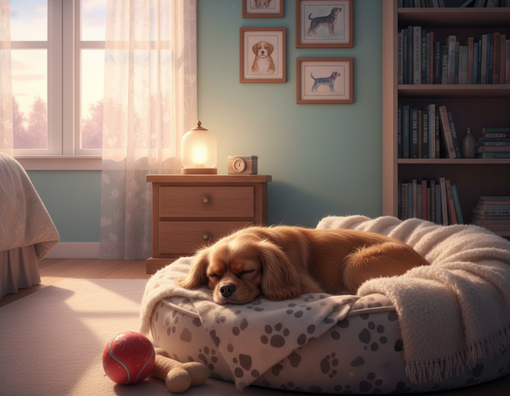 A cozy dog's sleep environment set in a warm, inviting bedroom. In the foreground, an adorable dog peacefully nestled in a plush, oversized dog bed with soft blankets and a few favorite toys scattered nearby. The middle ground features a softly lit nightstand with a small lamp casting a gentle glow, and a window with sheer curtains allowing a hint of natural light to filter in. In the background, calming pastel walls adorned with pet-themed artwork and a bookshelf filled with dog care literature create a serene atmosphere. The lighting is soft and warm, reminiscent of sunset, evoking feelings of safety and comfort, ideal for relaxation. The composition is intimate and inviting, making it clear this is a perfect sleep haven for a beloved pet.