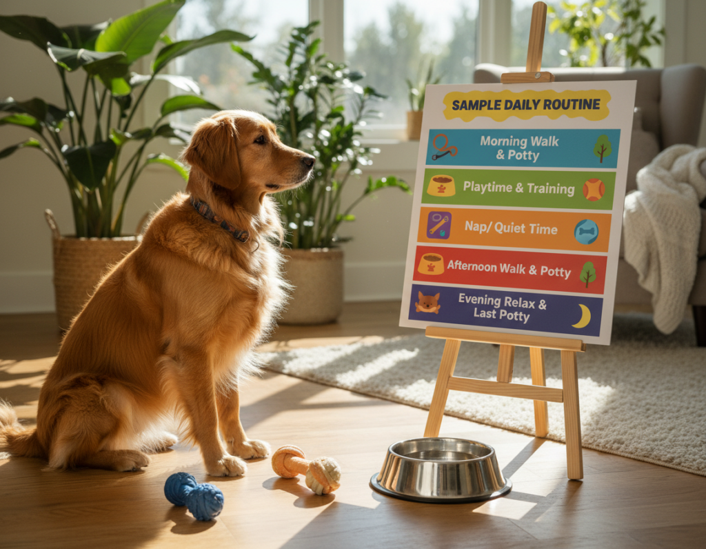 A cozy indoor scene featuring a well-organized chart or visual representation of a sample daily schedule for a housetrained adult dog. In the foreground, a cute, medium-sized dog with a glossy coat sits attentively, surrounded by toys and a bowl of water. In the middle, the daily schedule is creatively illustrated with colorful sections showing various activities such as morning walks, playtime, meals, and quiet time, divided by icons representing each task. The background consists of a sunny living room with soft natural light streaming through a window, warm wood flooring, and green plants, creating a welcoming atmosphere. The overall mood should be cheerful and informative, emphasizing a healthy routine for dogs.