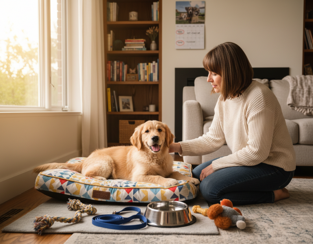 A cozy living room scene featuring a playful new puppy lying on a colorful dog bed in the foreground. Surrounding the puppy, there are essential items for new pet owners: a food and water bowl, a leash, and toys scattered about. In the middle ground, a caring adult in modest casual clothing gently interacts with the puppy, showcasing a bond and support. Soft natural light streams in through a nearby window, highlighting the puppy's fluffy fur and the inviting textures of the room. In the background, shelves are filled with pet care books and a calendar marked with vet appointment reminders, suggesting responsible planning for the first few days. The overall mood is warm and nurturing, emphasizing the joy of bringing a new puppy home.