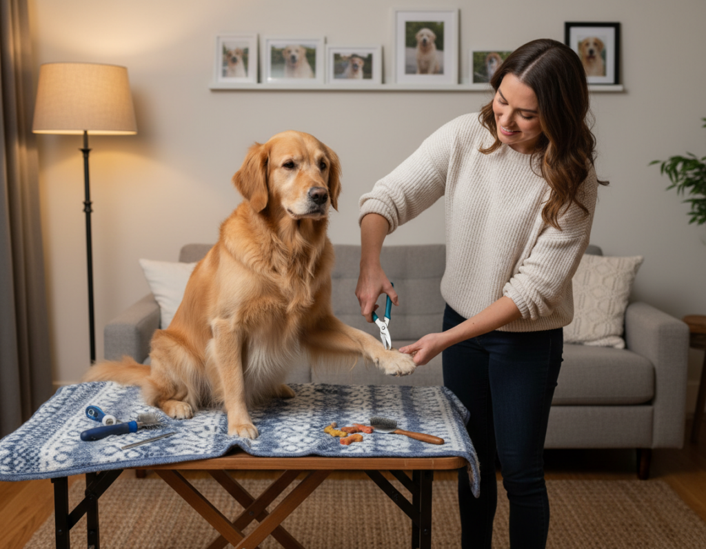 A cozy living room scene featuring a professional dog groomer, dressed in smart casual attire, gently trimming the nails of a calm, friendly dog. The foreground captures the groomer's focused expression as they hold a pair of dog nail clippers in one hand while reassuring the dog with the other. The middle ground showcases the dog sitting comfortably on a grooming table, surrounded by grooming tools like a file and treats. In the background, soft, warm lighting creates an inviting atmosphere, with pet-friendly decor like framed dog photos and a comfortable couch. The scene conveys a sense of trust and care, perfect for highlighting the importance of safe nail trimming at home.