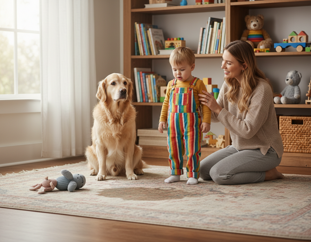A cozy living room setting, with a soft, well-lit ambiance. In the foreground, a small, slightly distressed area rug shows evidence of a recent potty training accident, with a couple of plush toys scattered around. A child, dressed in colorful but modest clothing, looks down with a hint of surprise; nearby, a concerned and caring dog sits attentively, conveying empathy. In the middle background, a parent, in comfortable casual attire, is kneeling beside the child, gently offering encouragement and support; a joyful and understanding expression brightens their face. On a bookshelf in the background, children’s books and toys create an inviting atmosphere. The mood is warm and supportive, focusing on care and learning from mistakes, with soft natural lighting cascading through a nearby window.