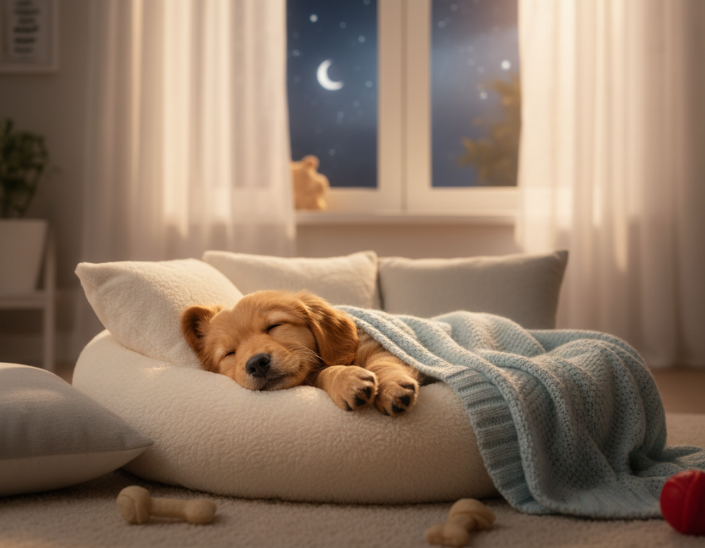 A cozy scene showcasing a young puppy peacefully sleeping in a soft, plush dog bed, nestled among gentle pillows and a warm blanket. In the foreground, the puppy appears floppy and adorable, with its eyes gently closed, radiating tranquility. The middle layer features a softly lit room, with warm, golden light filtering through sheer curtains, creating a serene aura. A few toys are scattered nearby, adding a playful touch. In the background, a calm night sky can be glimpsed through the window, illuminated by the faint glow of moonlight, enhancing the peaceful atmosphere. The overall mood is one of comfort and relaxation, perfect for illustrating a sleep-friendly routine.