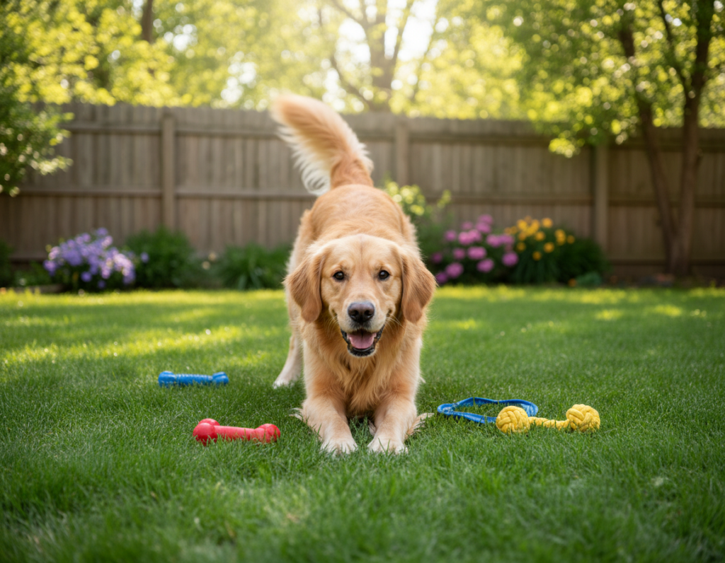 A joyful golden retriever in a playful "play bow" position, with front legs stretched forward and rear end raised, surrounded by a vibrant green lawn. In the foreground, the dog’s expression is bright and engaged, showcasing floppy ears and a wagging tail. The middle ground features a few colorful chew toys scattered on the grass. Soft sunlight filters through the leaves of nearby trees, casting gentle shadows that create a warm and inviting atmosphere. In the background, a serene backyard setting with a wooden fence and blooming flowers enhances the sense of a happy, comfortable environment. Capture this scene with a natural, candid angle that emphasizes the dog's playful energy. Aim for a bright and cheerful color palette, evoking a sense of playfulness and happiness.