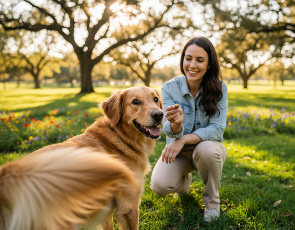 A joyful medium-sized dog with a wagging tail is playfully interacting with a smiling adult wearing casual clothing in a sunny park setting. The foreground features the dog's expressive face and its tail in mid-wag, illustrating excitement and trust. In the middle ground, the owner crouches down, offering a treat, showcasing their bond and the dog's comfort. Surrounding them, vibrant green grass and colorful flowers add a lively atmosphere, while soft sunlight filters through the trees, casting gentle shadows. The scene conveys a warm, inviting mood, highlighting the essence of trust and companionship between the dog and its owner. The angle captures both subjects in a close-up, emphasizing their connection and the joy of the moment.