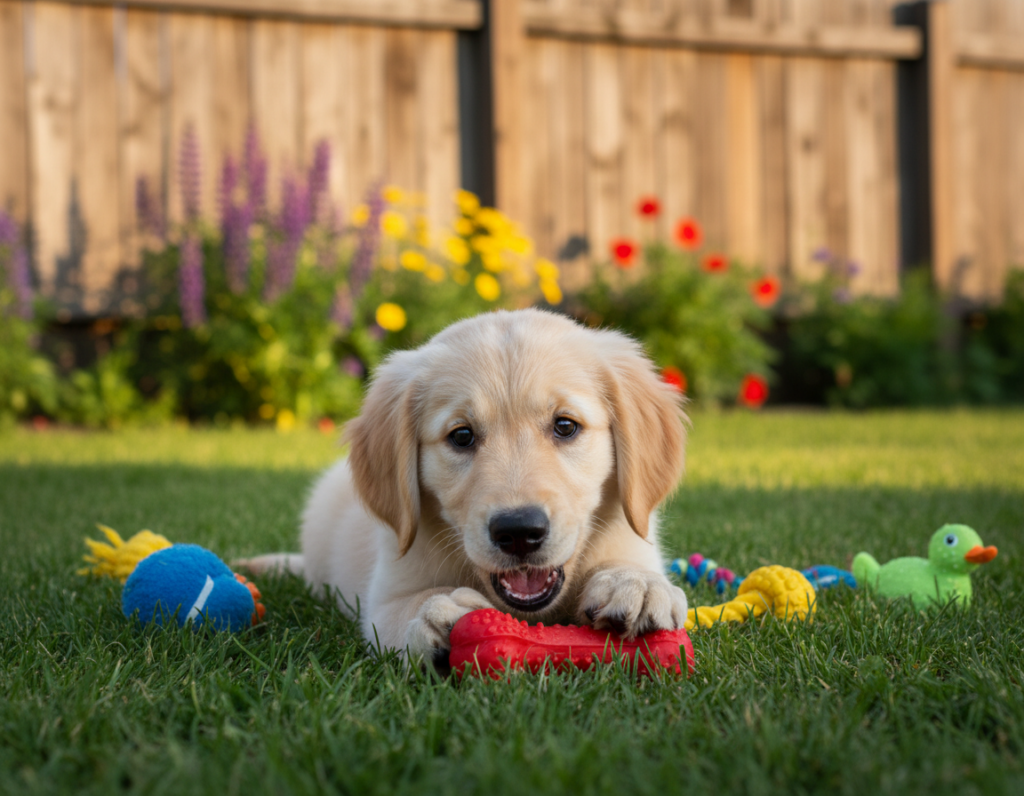A playful puppy, around three months old, is energetically exploring a grassy backyard full of colorful toys. In the foreground, the puppy, a fluffy golden retriever with big expressive eyes, is joyfully chewing on a rubber bone. The middle ground features scattered plush toys, some overturned, hinting at its playful antics. In the background, a softly blurred wooden fence and a few blooming flowers create a cheerful, inviting atmosphere. The lighting is warm and natural, suggesting a sunny afternoon, with soft shadows that enhance the puppy's fur texture. The scene captures a sense of fun and curiosity, showcasing typical puppy behavior, with an emphasis on the joy of learning and the importance of positive reinforcement in training. A playful puppy, around three months old, is energetically exploring a grassy backyard full of colorful toys. In the foreground, the puppy, a fluffy golden retriever with big expressive eyes, is joyfully chewing on a rubber bone. The middle ground features scattered plush toys, some overturned, hinting at its playful antics. In the background, a softly blurred wooden fence and a few blooming flowers create a cheerful, inviting atmosphere. The lighting is warm and natural, suggesting a sunny afternoon, with soft shadows that enhance the puppy's fur texture. The scene captures a sense of fun and curiosity, showcasing typical puppy behavior, with an emphasis on the joy of learning and the importance of positive reinforcement in training.