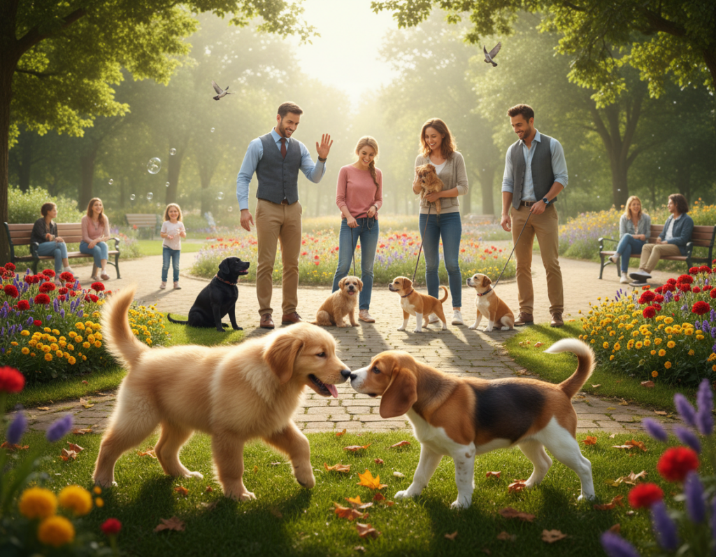 A playful scene in a vibrant park showing various puppies engaging with each other and their surroundings. In the foreground, a golden retriever pup happily interacts with a shy beagle, both wagging their tails. The middle ground features a trainer, dressed in smart casual attire, guiding a group of owners as they observe their pups. The background is filled with colorful flowers, children playing, and people chatting, creating an environment full of real-world distractions. Soft, natural sunlight filters through the trees, casting gentle shadows that enhance the inviting atmosphere. The angle is slightly elevated, showcasing the interconnectedness of the puppies and their human companions, conveying a sense of warmth, joy, and community in the socializing experience.