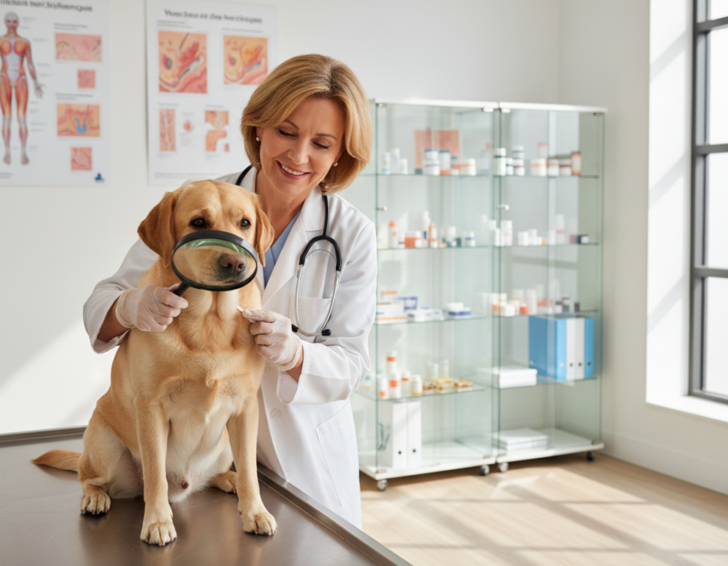 A professional veterinarian specializing in skin health examines a dog in a clean, well-lit veterinary clinic. The foreground features the veterinarian, a middle-aged woman in a white lab coat with a stethoscope, gently inspecting the dog's skin with a magnifying glass. The dog, a Labrador Retriever, sits attentively on an examination table, its coat glossy and well-groomed, reflecting good health. In the middle background, various veterinary equipment and colorful charts about skin conditions adorn the shelves. Natural light streams in through a window, creating a warm, inviting atmosphere that conveys trust and professionalism. The focus is sharp on the vet and the dog, with a soft bokeh effect in the background to emphasize their interaction.