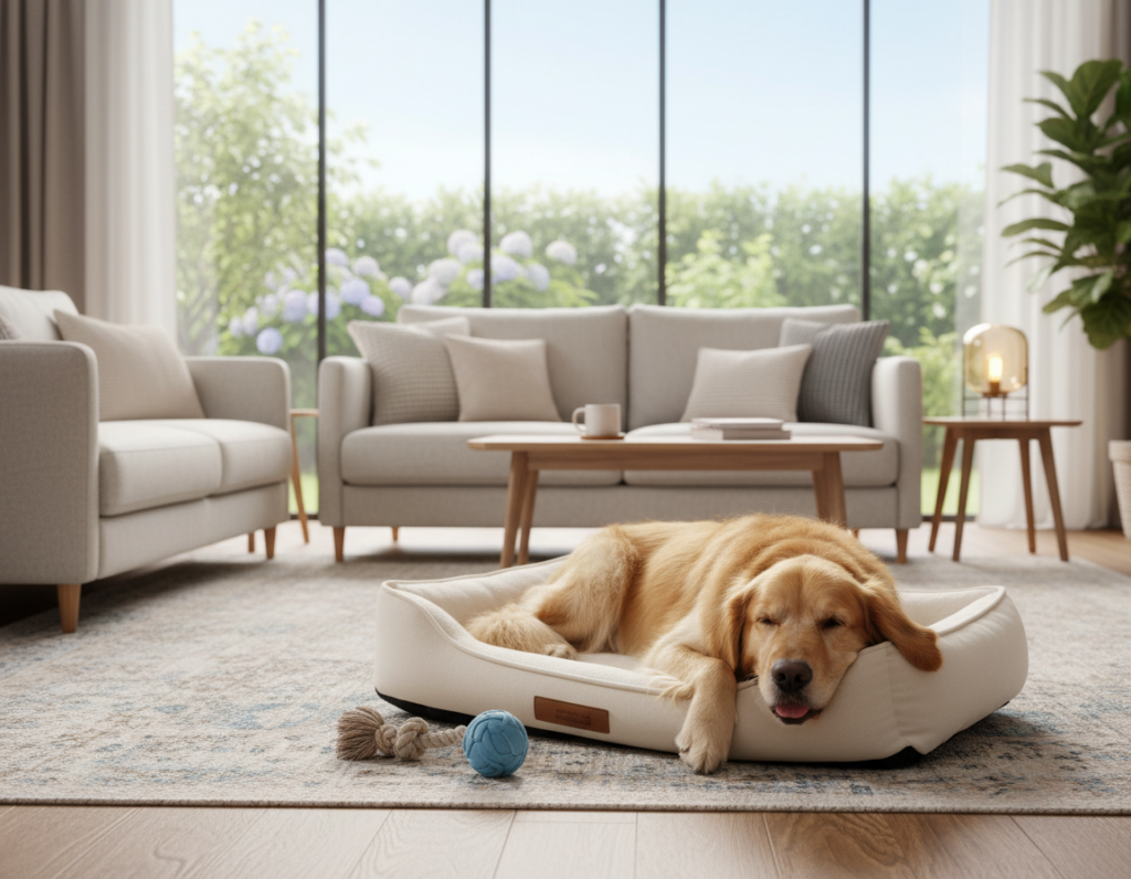 A serene home interior featuring a relaxed dog lying on a plush dog bed, exuding a sense of calm. In the foreground, the dog, a Golden Retriever, has relaxed ears and a slightly open mouth, embodying comfort. In the middle, a cozy living room setup includes a well-organized space with soft lighting, a few toys arranged neatly to promote a sense of routine, and a gentle, inviting rug. In the background, large windows allow natural light to pour in, showcasing a tranquil garden scene outside, enhancing the peaceful atmosphere. The overall mood should be warm and comforting, with soft, diffused lighting that evokes a sense of security and stability, suitable for conveying tips on helping dogs cope with anxiety.