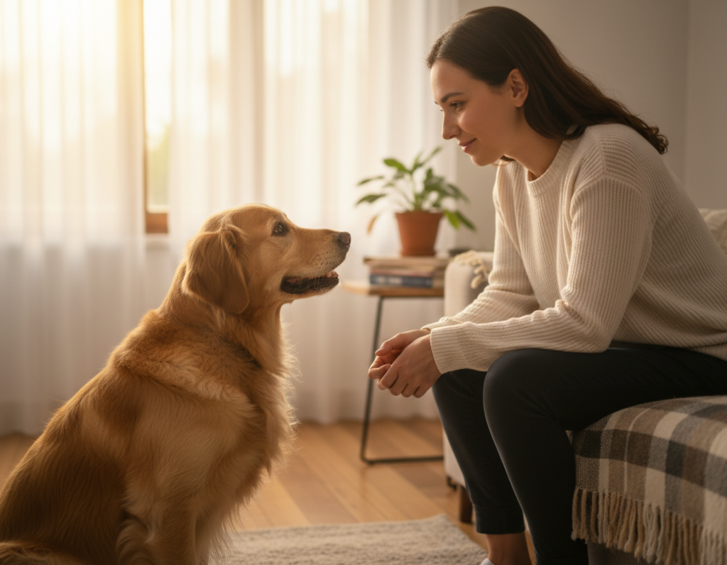 A serene living room scene featuring a dog intensely staring at a person sitting on a couch. The person is casually dressed in comfortable clothing, reflecting a relaxed and approachable demeanor. In the foreground, the dog, a golden retriever, showcases a curious expression, with bright eyes focused on the person. The middle ground includes the person leaning slightly forward, making eye contact with the dog, conveying engagement and understanding. The background is softly blurred, revealing warm, natural lighting filtering through a nearby window, creating a cozy atmosphere. The overall mood is calm and affectionate, illustrating the connection and communication between the dog and the person, focusing on the significance of eye contact in their interaction.