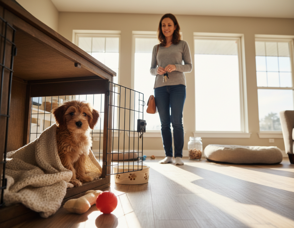 A serene, sunlit living room during the day, focusing on a cozy crate nestled in a corner, with a soft blanket and a few toys scattered around it. In the foreground, a well-behaved puppy peeks out from the crate, looking calm and content. The middle of the scene features a gentle, trustworthy caregiver, dressed in modest casual attire, preparing to leave the house, showing a reassuring expression. The background is filled with light streaming through large windows, illuminating a comfortable space with scattered dog-related accessories. The atmosphere feels warm and inviting, suggesting a stress-free environment for both the puppy and the caregiver, captured in soft, natural lighting that enhances the peaceful mood. The angle captures the puppy’s perspective, creating a sense of trust and security.
