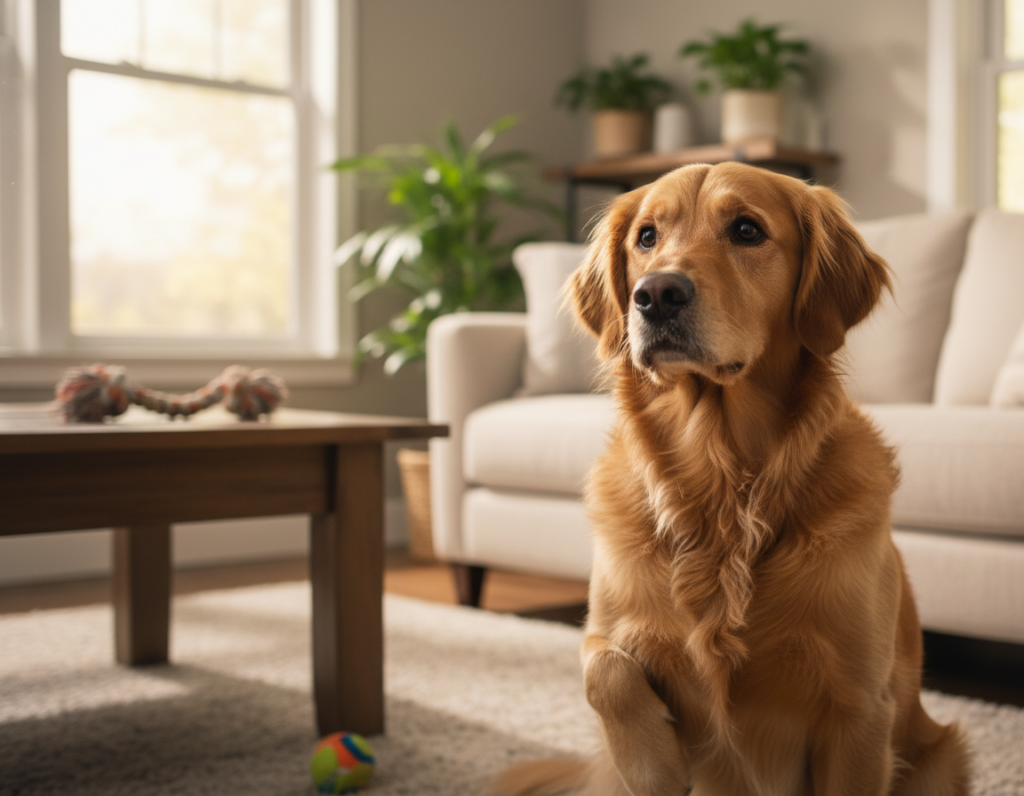 A thoughtful dog sitting in a cozy living room, its body language conveying a mix of curiosity and concern. The foreground features the dog, a medium-sized golden retriever with soft, expressive eyes and a slightly tilted head. In the middle ground, a window with soft, natural light streaming in, illuminating the room. On a nearby coffee table, a couple of toys are scattered, suggesting changes in play behavior. The background includes a softly blurred couch and houseplants, creating a warm, inviting atmosphere. The mood is contemplative, evoking empathy towards the dog's emotional state, and the lighting is warm and soothing, highlighting the dog's fur texture and expressions.
