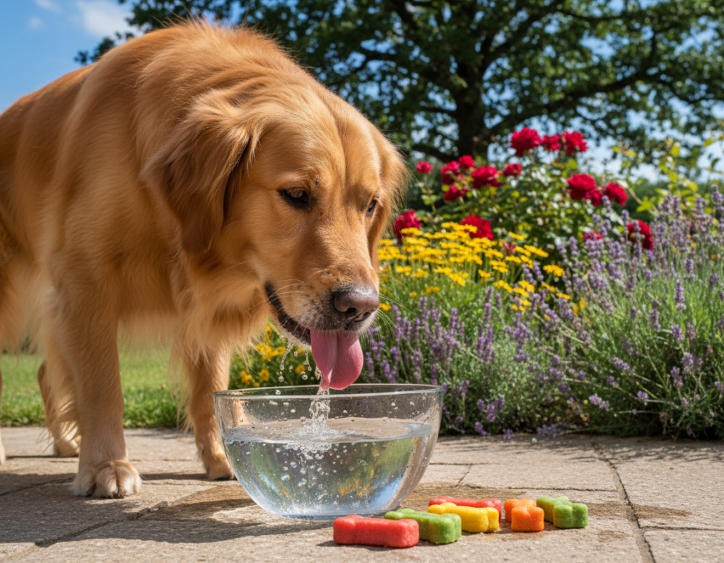 A vibrant and engaging scene displaying a dog happily drinking from a clear, fresh water bowl on a sunny day. In the foreground, focus on a golden retriever, with its tongue extended, splashing water gently. In the middle ground, a pristine, filled water bowl glistens in the sunlight, alongside colorful dog treats scattered around. In the background, a lush green garden with blooming flowers adds life, and a bright blue sky enhances the overall cheerful atmosphere. Soft sunlight filters through the trees, casting playful shadows. This wholesome image conveys the importance of hydration for dogs and illustrates the daily water needs they require. Ideal for an article on pet care, the composition is inviting and informative. A vibrant and engaging scene displaying a dog happily drinking from a clear, fresh water bowl on a sunny day. In the foreground, focus on a golden retriever, with its tongue extended, splashing water gently. In the middle ground, a pristine, filled water bowl glistens in the sunlight, alongside colorful dog treats scattered around. In the background, a lush green garden with blooming flowers adds life, and a bright blue sky enhances the overall cheerful atmosphere. Soft sunlight filters through the trees, casting playful shadows. This wholesome image conveys the importance of hydration for dogs and illustrates the daily water needs they require. Ideal for an article on pet care, the composition is inviting and informative.