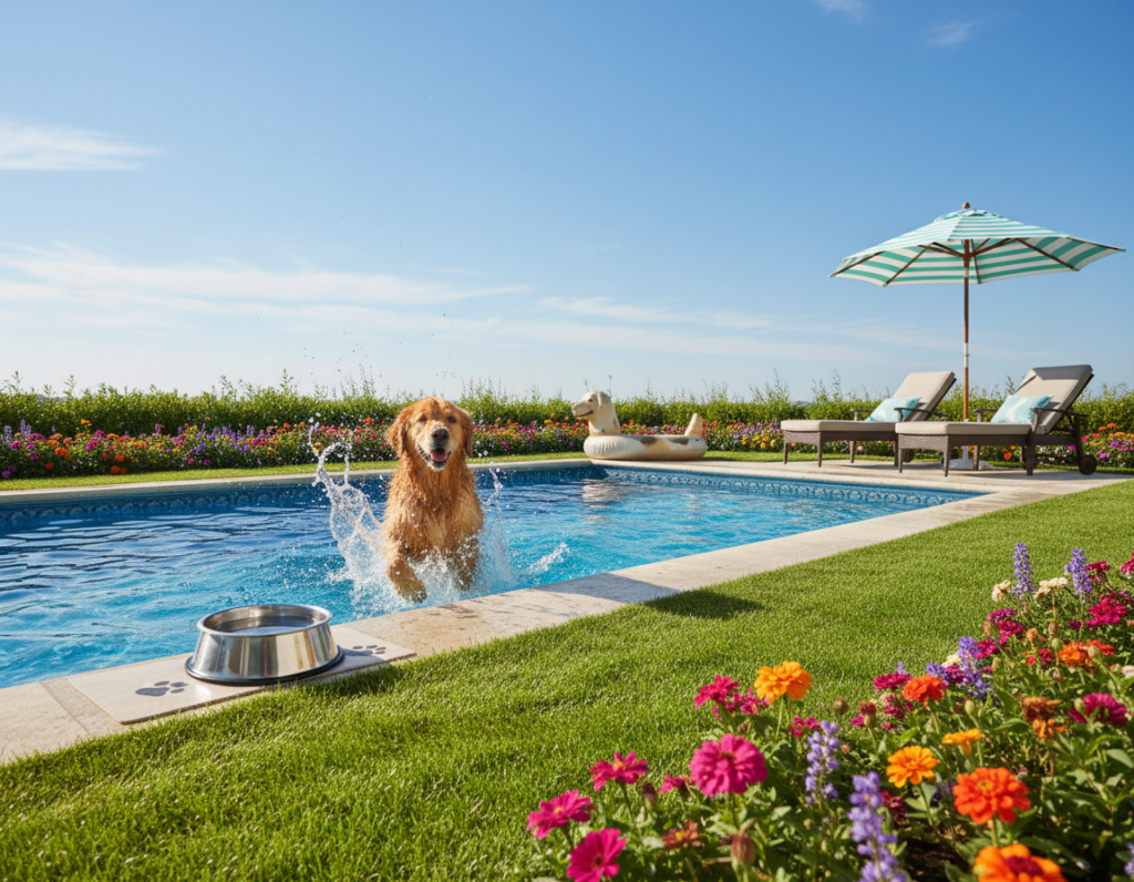 A vibrant backyard scene featuring a refreshing swimming pool, surrounded by lush green grass and colorful flowers. In the foreground, a cheerful golden retriever splashes water playfully, showcasing joy and excitement. The middle ground includes a few cooling gear items such as a doggie pool float, a shaded lounge area with a bright umbrella, and a bowl of fresh water nearby. In the background, a beautiful blue sky with a few wispy clouds adds to the summery atmosphere. The lighting is bright and sunny, casting gentle shadows that enhance the scene's liveliness. The overall mood is playful and inviting, capturing the essence of keeping dogs comfortable and entertained on hot days.