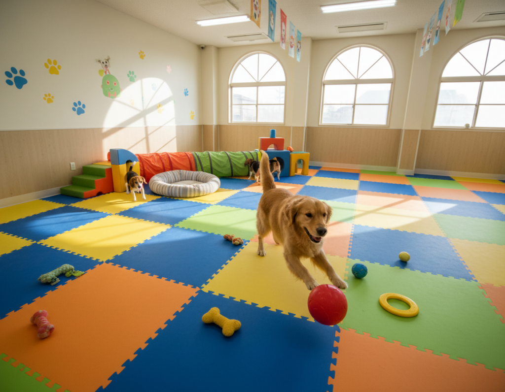 A vibrant indoor play space designed for dogs, featuring soft, colorful mats spread across a bright, spacious room. In the foreground, a playful Golden Retriever is engaging with a variety of safe, interactive toys like balls and plush squeaky toys. In the middle, a cozy corner has a dog bed surrounded by climbing structures and tunnels, inviting exploration. The background showcases large, cheerful windows letting in natural light, casting warm, inviting shadows throughout the space. The atmosphere feels energetic yet safe, with a sense of joy and playfulness. The scene is captured with a wide-angle lens to enhance depth, ensuring clarity and focus on the dog's playful actions and the inviting layout of the play area.