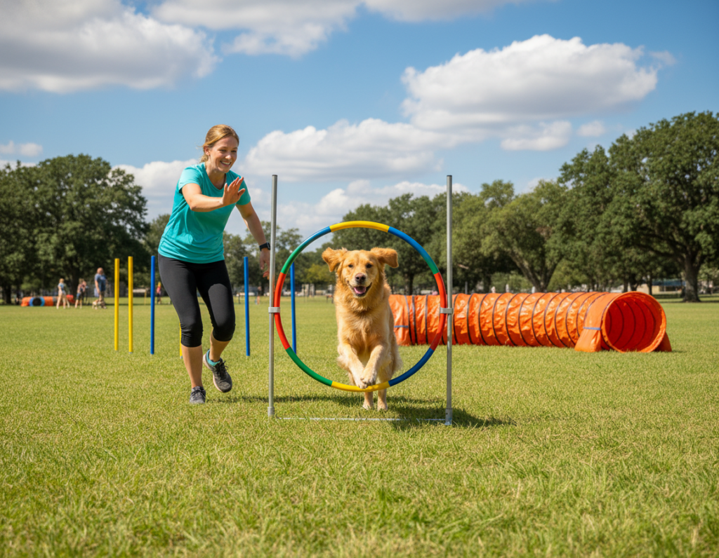 A vibrant outdoor scene showcasing a dog and its handler engaged in sports training, emphasizing teamwork and enrichment. In the foreground, a medium-sized, energetic golden retriever jumps through a colorful agility hoop, its fur glistening in the sunlight. The handler, a smiling person in casual athletic wear, is encouraging the dog with an outstretched hand and a cheerful expression. In the middle ground, various agility obstacles such as weave poles and a tunnel create a dynamic training course. The background features a sunny park with green grass and trees, enhancing the atmosphere of an inviting training environment. The lighting is bright and natural, casting soft shadows, while a slight angle captures the action, creating an engaging and lively mood.