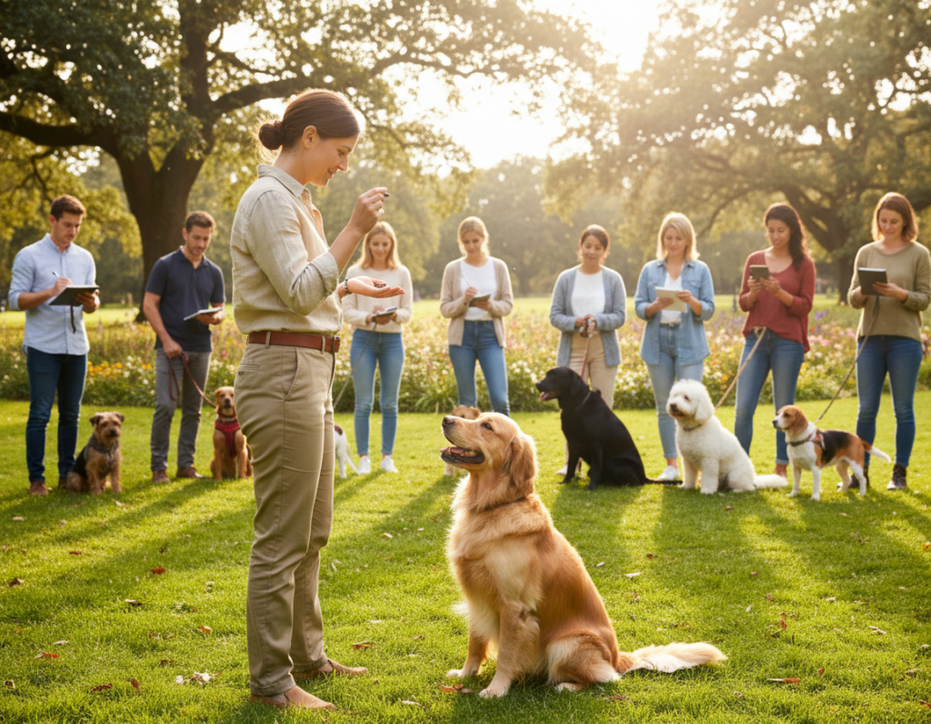 A vibrant outdoor scene showcasing a professional dog trainer demonstrating various dog body language signals with an attentive Golden Retriever. In the foreground, the trainer, dressed in a smart casual outfit, calmly presents a treat, showing positive reinforcement signals. The dog is sitting with a relaxed posture, ears perked up, and a wagging tail, signifying eagerness. In the middle ground, a diverse group of dog owners observes, each taking notes and watching intently, with a mix of small and large dogs beside them. The background features a sunny park with lush green grass and trees, bathed in warm, soft lighting. The atmosphere is focused yet friendly, capturing the essence of learning and connection between dogs and their owners.