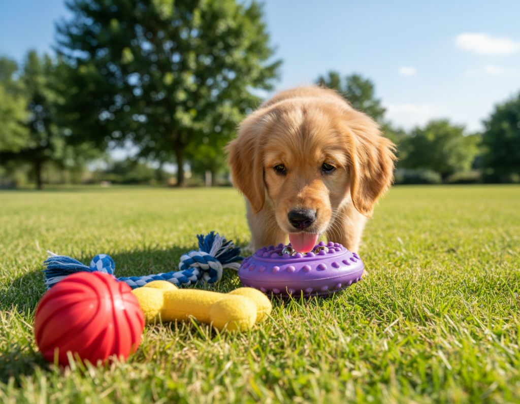 A vibrant scene depicting an array of colorful, engaging dog toys designed to capture a dog's attention. In the foreground, showcase a variety of toys: a bright red rubber ball, a plush, squeaky bone, and a soft, durable rope toy, all arranged playfully on a lush, green grass surface. In the middle, include a playful puppy curiously inspecting a shiny, oversized toy designed for interactive play, with its tongue playfully sticking out. In the background, softly blurred trees and a bright blue sky create a cheerful outdoor atmosphere. The lighting is bright and natural, capturing the essence of a sunny day. This image should evoke a sense of joy and excitement about keeping dogs engaged through new toys.