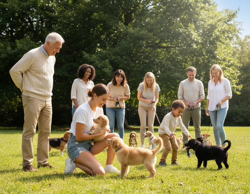 A vibrant scene of diverse people interacting with puppies in a sunny park setting. In the foreground, a young woman in casual attire kneels, engaging with a small golden retriever puppy, gently handling it to encourage socialization. Nearby, an older gentleman in a light sweater is standing, observing a pair of children playing with a black lab puppy. In the middle ground, several other adults are chatting while dogs of various breeds play nearby, creating a lively atmosphere. The background features lush green trees under a clear blue sky, enhancing the cheerful and relaxed vibe. Soft sunlight filters through the leaves, casting gentle shadows. The angle is slightly elevated, capturing the joyful interactions and playful engagement between people and their pups, emphasizing the importance of socialization in dog training. A vibrant scene of diverse people interacting with puppies in a sunny park setting. In the foreground, a young woman in casual attire kneels, engaging with a small golden retriever puppy, gently handling it to encourage socialization. Nearby, an older gentleman in a light sweater is standing, observing a pair of children playing with a black lab puppy. In the middle ground, several other adults are chatting while dogs of various breeds play nearby, creating a lively atmosphere. The background features lush green trees under a clear blue sky, enhancing the cheerful and relaxed vibe. Soft sunlight filters through the leaves, casting gentle shadows. The angle is slightly elevated, capturing the joyful interactions and playful engagement between people and their pups, emphasizing the importance of socialization in dog training.