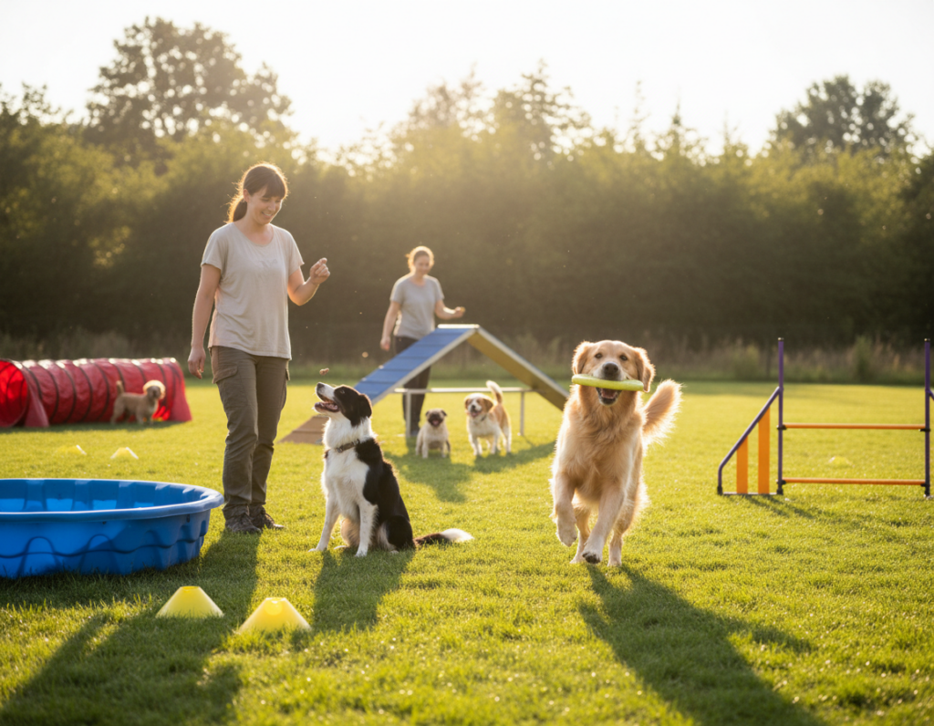 A vibrant training yard scene focused on a diverse group of dogs engaging in various training exercises. In the foreground, a golden retriever is happily retrieving a toy, while a border collie performs tricks for its handler, who is dressed in casual, modest clothing. In the middle ground, a trainer uses positive reinforcement techniques with a playful beagle, showcasing structured activities designed to enrich the dogs' environment. Lush green grass and colorful agility equipment, like jumps and tunnels, fill the space around them. In the background, the sun is shining brightly, casting soft shadows, creating a warm and inviting atmosphere. The scene captures the essence of a positive and nurturing training environment, emphasizing strategies that promote healthy behaviors in dogs.