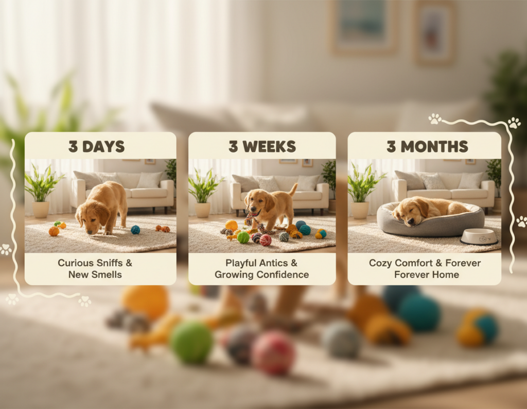 A visually appealing timeline graphic illustrating "3 Days, 3 Weeks, 3 Months" that demonstrates a puppy's adjustment to a new environment. In the foreground, three distinct sections labeled clearly— with each section featuring a playful, happy puppy in various stages of exploration: sniffing a corner, playing with toys, and curling up for a nap. The middle ground showcases a soft, cozy living room with puppy essentials like a bed, toys, and food bowls, conveying a sense of safety and warmth. In the background, gentle, natural lighting filters through a window, creating a calming atmosphere. The overall mood should evoke comfort, security, and positivity for a pet settling into a new home. Use a soft focus lens to enhance the inviting feel of the image.