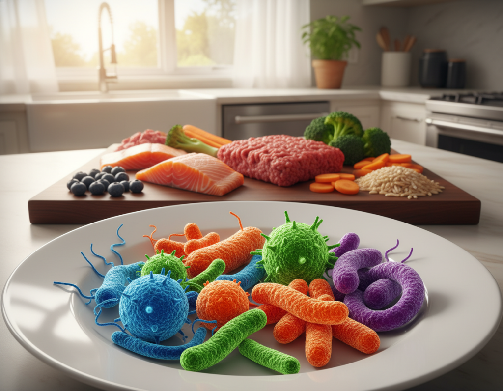 A visually striking composition illustrating food safety bacteria. In the foreground, a vibrant, detailed close-up of various types of bacteria, including shapes like cocci and bacilli, depicted in bright colors against a crisp white plate. In the middle ground, fresh dog food ingredients such as meats, vegetables, and grains arranged neatly, emphasizing a safe, nutritious diet. The background features a serene kitchen setting with soft lighting filtering through a window, creating a warm and inviting atmosphere. The scene conveys a sense of caution and safety, focusing on the importance of handling food properly to protect both pets and people. The angle is slightly above eye level to provide a comprehensive view of the subjects.