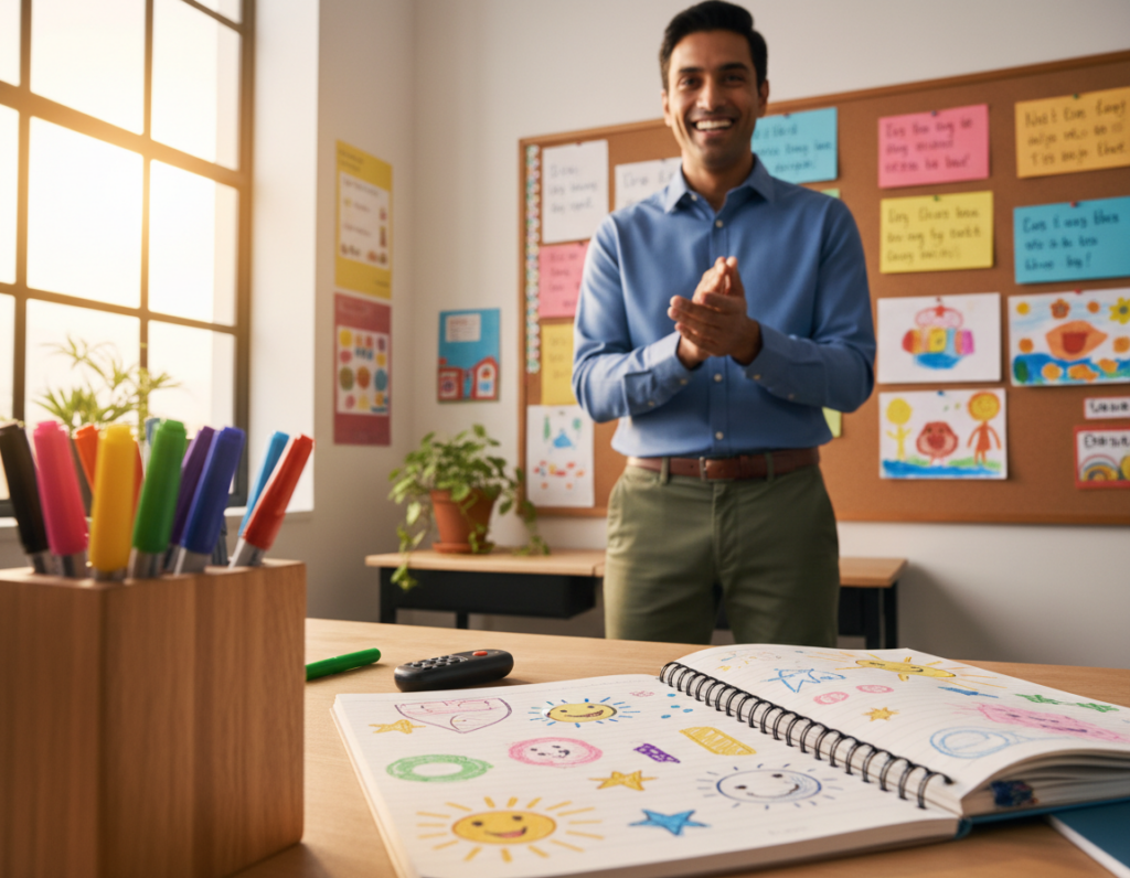 A warm, inviting workspace featuring a collection of colorful, neatly arranged markers, a small handheld clicker, and a note pad displaying cheerful drawings in the foreground. In the middle, a person, dressed in smart casual attire, is gently clapping their hands with a bright smile, exuding an atmosphere of encouragement and positivity. The background showcases a well-lit classroom or learning environment, with a bulletin board adorned with motivational quotes and children's artwork. Soft, natural light streams in through a nearby window, creating a cheerful ambiance that conveys a sense of support and enthusiasm for learning. The composition captures the essence of positive reinforcement tools, emphasizing the connection between engagement and education.