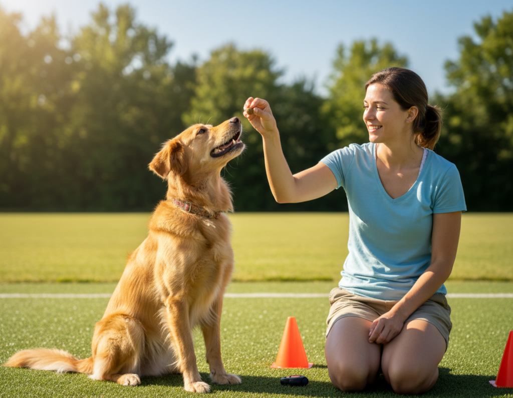 A well-behaved medium-sized dog sitting attentively in a sunlit training area, looking up at a trainer who is rewarding it with a treat. The trainer, dressed in comfortable casual clothing, has a warm smile, emphasizing a positive connection with the dog. In the foreground, focus on the dog's eager expression and the treat being offered. The middle ground features training cones and a clicker beside the trainer, showcasing a safe training environment. In the background, soft green grass and trees create a tranquil outdoor setting. The lighting is bright and inviting, highlighting the bond between human and dog, promoting a mood of joy and encouragement in the training experience.