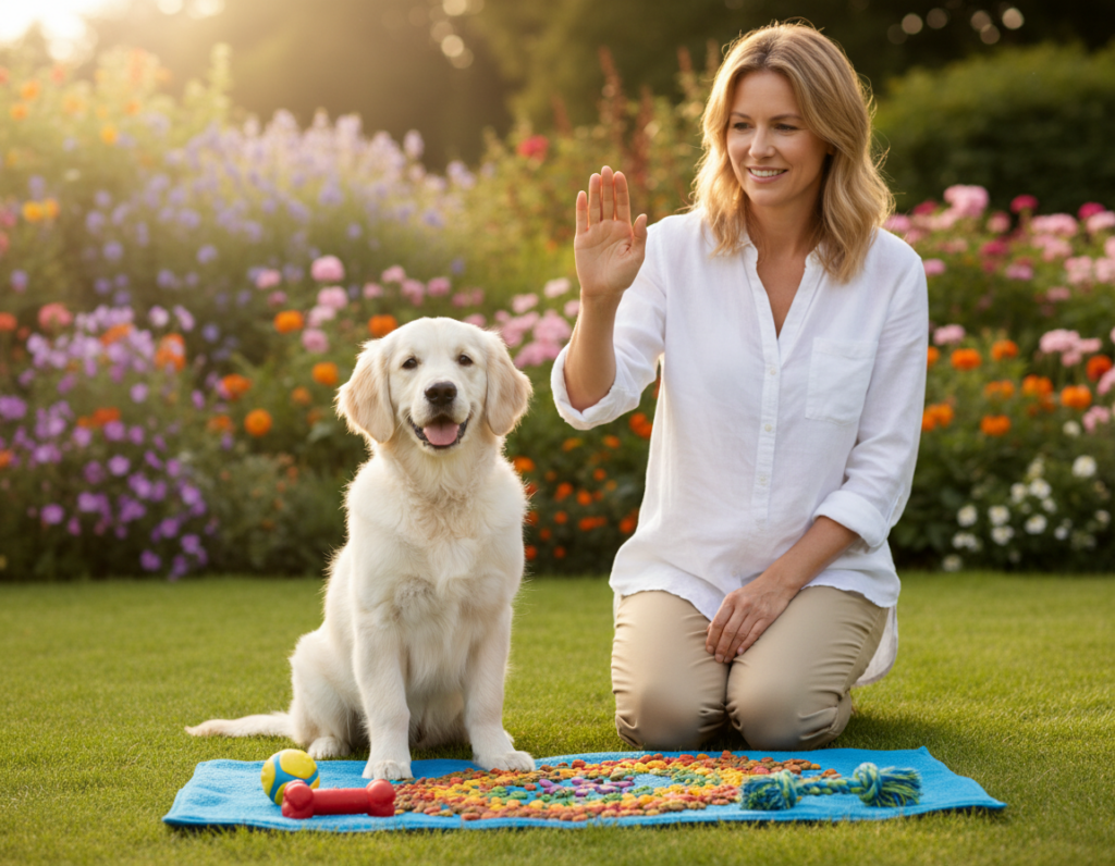 A well-groomed, playful puppy sitting patiently in an outdoor setting, surrounded by a colorful array of dog food and toys strategically placed in front of it, symbolizing mealtime training. In the foreground, the puppy's excited expression shows eagerness while displaying self-control. In the middle ground, a gentle handler, dressed in casual clothing, kneels nearby with a calm demeanor, encouraging the puppy with hand signals. The background features a lush green lawn and blooming flowers, illuminated by warm, afternoon sunlight, creating a serene and inviting atmosphere. The image captures a mood of joy and patience, portraying a successful mealtime training game in action, with a soft, shallow depth of field for emphasis.